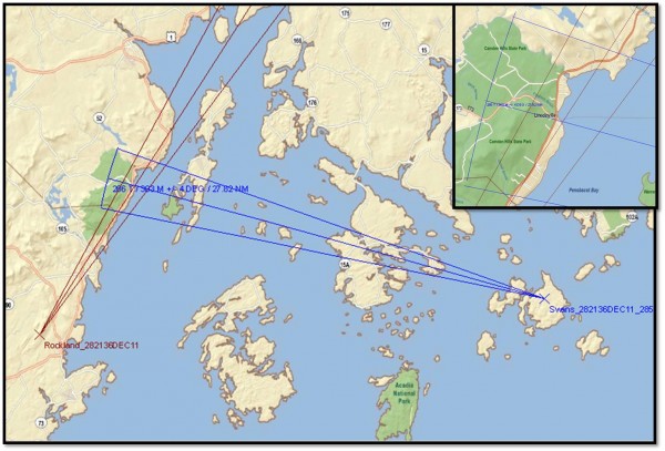 Lines of bearing for the origination of a suspected hoax caller in the Lincolnville area during the past three years. More than 13 calls have been linked to the same caller over VHF-channel 16 radio in the area Lines of bearing for the origination of a suspected hoax caller in the Lincolnville area during the past three years. More than 13 calls have been linked to the same caller over VHF-channel 16 radio in the area