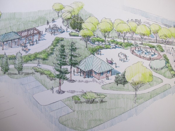The most recent design sketches for Ellsworth's Knowlton Park are on display in City Hall. This drawing from Archipelago Landscape Architects shows a waterpark feature at right, next to a restroom facility. At top, a small fountain marks the entrance to the park, near a scaled-down gazebo The most recent design sketches for Ellsworth's Knowlton Park are on display in City Hall. This drawing from Archipelago Landscape Architects shows a waterpark feature at right, next to a restroom facility. At top, a small fountain marks the entrance to the park, near a scaled-down gazebo