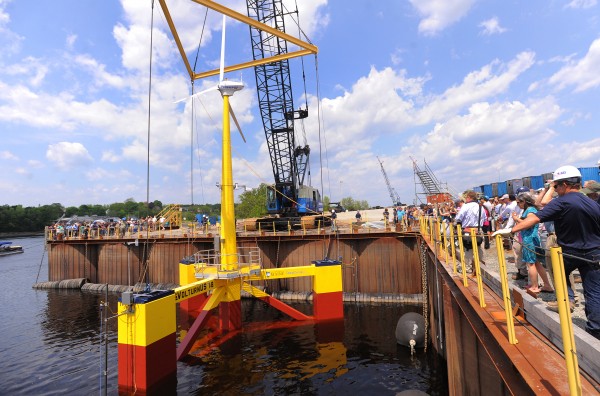 The VolturnUS 1:8 is the first offshore wind turbine that launched in North America will be towed down the Penobscot River as the weather allows and it will be moored in the East channel of the Penobscot Bay near Castine. The VolturnUS 1:8 is the first offshore wind turbine that launched in North America will be towed down the Penobscot River as the weather allows and it will be moored in the East channel of the Penobscot Bay near Castine.