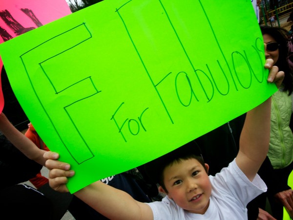 Henry Bibeau, 7, holds a sign outside Hall Elementary School in Portland Thursday afternoon at an impromptu support rally in the wake of the school's "F" rating by the governor. Henry Bibeau, 7, holds a sign outside Hall Elementary School in Portland Thursday afternoon at an impromptu support rally in the wake of the school's "F" rating by the governor.