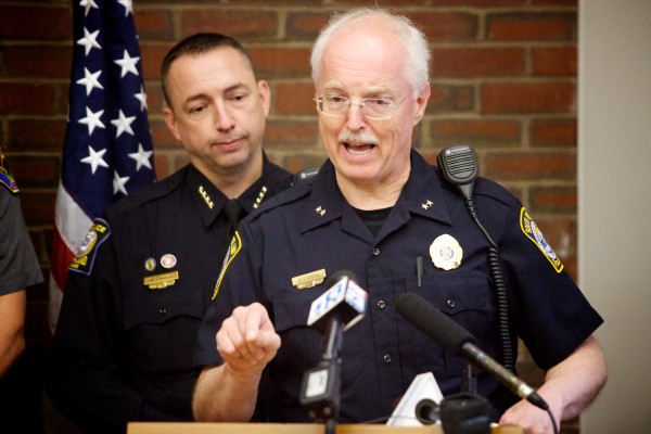South Portland Police Chief Edward Googins speaks in opposition to LD 660 Tuesday in Portland with Portland Police Chief Michael Sauschuck standing behind. South Portland Police Chief Edward Googins speaks in opposition to LD 660 Tuesday in Portland with Portland Police Chief Michael Sauschuck standing behind.