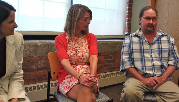 Brian Jordan (right) of Livermore Falls was treated for leukemia through a partnership between Central Maine Medical Center in Lewiston and Massachusetts General Hospital in Boston. He spoke about the partnership Thursday in Lewiston, joined by Nicholette Erickson (center) a local oncologist, and Dr. Karen Ballen, clinical director of the leukemia program at Mass General. Brian Jordan (right) of Livermore Falls was treated for leukemia through a partnership between Central Maine Medical Center in Lewiston and Massachusetts General Hospital in Boston. He spoke about the partnership Thursday in Lewiston, joined by Nicholette Erickson (center) a local oncologist, and Dr. Karen Ballen, clinical director of the leukemia program at Mass General.