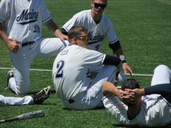 Mike Fransoso (2) of the University of Maine enjoys a light moment with teammates prior to last Saturday's game against UMBC in Orono. The senior co-captain is among the program's all-time leaders in several categories. Mike Fransoso (2) of the University of Maine enjoys a light moment with teammates prior to last Saturday's game against UMBC in Orono. The senior co-captain is among the program's all-time leaders in several categories.