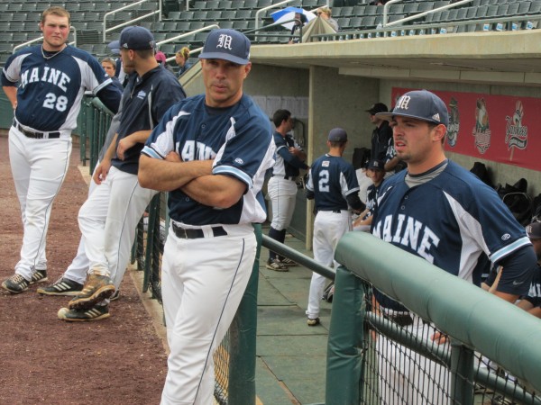University of Maine head coach Steve Trimper (left) chats with pitcher Tommy Lawrence prior to Friday afternoon's America East tournament game at Lowell, Mass. University of Maine head coach Steve Trimper (left) chats with pitcher Tommy Lawrence prior to Friday afternoon's America East tournament game at Lowell, Mass.