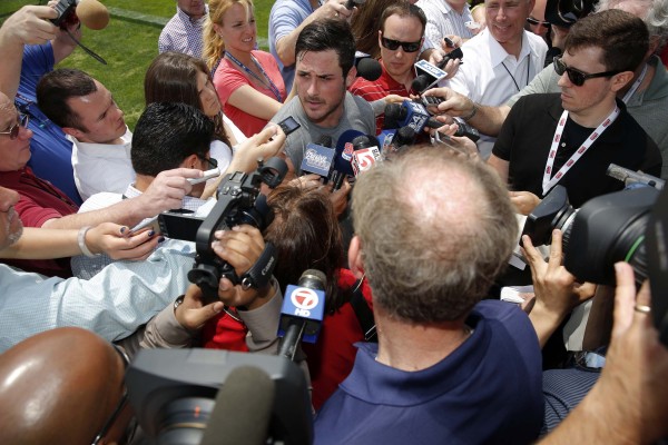 New England Patriots wide receiver Danny Amendola (80) takes questions from reporters after organized team activities at Gillette Stadium on Tuesday. New England Patriots wide receiver Danny Amendola (80) takes questions from reporters after organized team activities at Gillette Stadium on Tuesday.