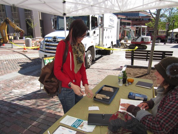 Gabrielle Sturchio of Portland uses her electronics benefit card to obtain $5 in wooden tokens at the Monument Square farmers market in Portland Wednesday, May 15. Gabrielle Sturchio of Portland uses her electronics benefit card to obtain $5 in wooden tokens at the Monument Square farmers market in Portland Wednesday, May 15.