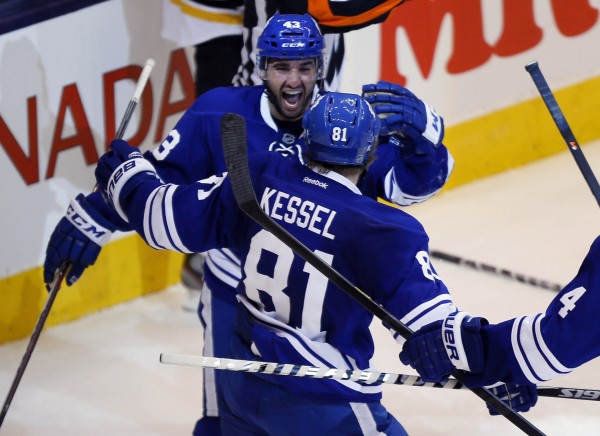 Toronto Maple Leafs forward Nazem Kadri (43) congratulates right wing Phil Kessel after his goal in the third period against the Boston Bruins in Game 6 of the first round of the Stanley Cup playoffs Sunday night at the Air Canada Centre in Toronto. Toronto defeated Boston 2-1. Toronto Maple Leafs forward Nazem Kadri (43) congratulates right wing Phil Kessel after his goal in the third period against the Boston Bruins in Game 6 of the first round of the Stanley Cup playoffs Sunday night at the Air Canada Centre in Toronto. Toronto defeated Boston 2-1.