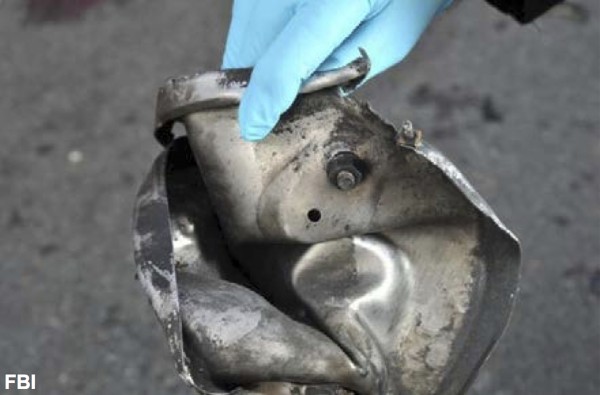 Remains of a pressure cooker believed to be used as a bomb that exploded during the Boston Marathon. Remains of a pressure cooker believed to be used as a bomb that exploded during the Boston Marathon.