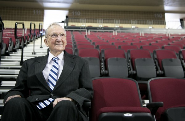 Woodward Cross, founder of Cross Insurance, takes the first official seat in the finished interior of the Cross Insurance Center on Tuesday, June 4, 2013. The arena is near completion and will host the Bangor High School graduation on Sunday as its first event. Woodward Cross, founder of Cross Insurance, takes the first official seat in the finished interior of the Cross Insurance Center on Tuesday, June 4, 2013. The arena is near completion and will host the Bangor High School graduation on Sunday as its first event.