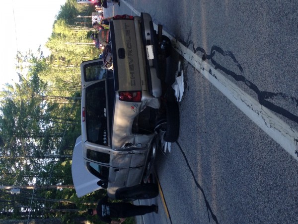 A pickup truck sits on the Carl Broggi Highway in Lebanon after a head-on collision on Tuesday. A pickup truck sits on the Carl Broggi Highway in Lebanon after a head-on collision on Tuesday.