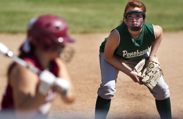 Penobscot Valley third baseman Shaelyn Jones wears a face mask while playing close to home plate against Richmond in the Class D softball state championship in Standish, Saturday, June 15, 2013. Penobscot Valley third baseman Shaelyn Jones wears a face mask while playing close to home plate against Richmond in the Class D softball state championship in Standish, Saturday, June 15, 2013.