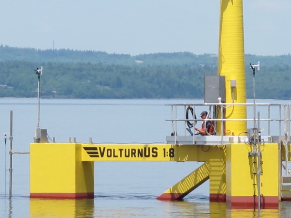 A worker awaits the word to power up VolturnUS, the first-of-its-kind wind turbine, designed and built at the University of Maine, which became the first grid-connected offshore wind turbine in the Americas to provide electricity to the power grid on Thursday. A worker awaits the word to power up VolturnUS, the first-of-its-kind wind turbine, designed and built at the University of Maine, which became the first grid-connected offshore wind turbine in the Americas to provide electricity to the power grid on Thursday.