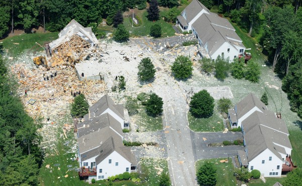 An aerial view of the devastation caused by an explosion Tuesday on Gables Drive in Yarmouth. An aerial view of the devastation caused by an explosion Tuesday on Gables Drive in Yarmouth.
