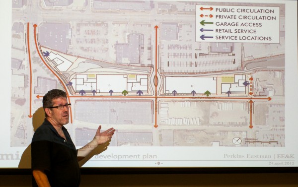 Greg Shinberg of Shinberg Consulting goes over a proposed master plan for the Midtown development project in Portland's East Bayside at a neighborhood meeting Tuesday. Greg Shinberg of Shinberg Consulting goes over a proposed master plan for the Midtown development project in Portland's East Bayside at a neighborhood meeting Tuesday.