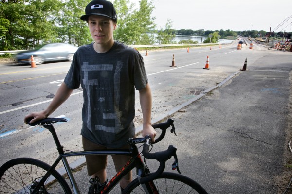 Jay Riley stands with his bike at the Portland side of the Martin's Point Bridge Thursday morning, which is undergoing construction. Riley said he was nearly run off the road by television fisherman Capt. Jim Harkins of Atlantic Adventures on Monday. Jay Riley stands with his bike at the Portland side of the Martin's Point Bridge Thursday morning, which is undergoing construction. Riley said he was nearly run off the road by television fisherman Capt. Jim Harkins of Atlantic Adventures on Monday.