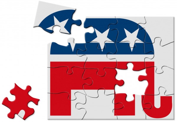 Jennifer Pritchard illustration of U.S. Republican party logo depicted as a jigsaw puzzle. Jennifer Pritchard illustration of U.S. Republican party logo depicted as a jigsaw puzzle.