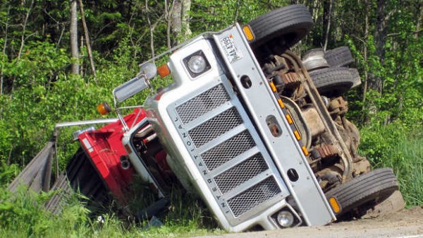 A truck overturned on Route 4 in Turner Friday afternoon, closing a section of the road for a short time. It appears there was another vehicle involved in the accident as well. A truck overturned on Route 4 in Turner Friday afternoon, closing a section of the road for a short time. It appears there was another vehicle involved in the accident as well.