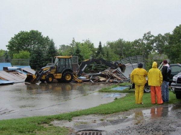 A city of Rockland backhoe demolishes the Rockland Skatepark on Saturday morning. BDN photo by Stephen Betts A city of Rockland backhoe demolishes the Rockland Skatepark on Saturday morning. BDN photo by Stephen Betts