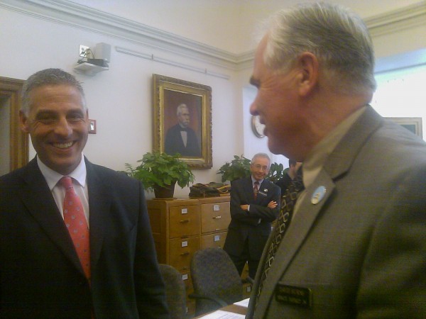 David Mitchell (left) of Calais is congratulated by Sen. David Burns, R-Whiting, on Wednesday after the Judiciary Committee unanimously endorsed Mitchell's nomination to be a District Court judge. David Mitchell (left) of Calais is congratulated by Sen. David Burns, R-Whiting, on Wednesday after the Judiciary Committee unanimously endorsed Mitchell's nomination to be a District Court judge.