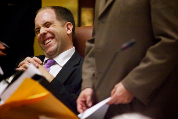 Outgoing Senate Majority Leader Seth Goodall, D-Richmond, laughs as Sen. Troy Jackson, D-Allagash, bids him farewell Tuesday night with a joke about getting a loan from Goodall in the future. Goodall has been appointed New England District Representative of the Small Business Association. Outgoing Senate Majority Leader Seth Goodall, D-Richmond, laughs as Sen. Troy Jackson, D-Allagash, bids him farewell Tuesday night with a joke about getting a loan from Goodall in the future. Goodall has been appointed New England District Representative of the Small Business Association.