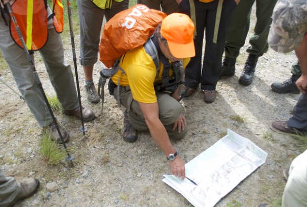Franklin Search and Rescue Team Leader Pat Cyr briefs a group of volunteers before a grid search of an area on the AT earlier this week. Franklin Search and Rescue Team Leader Pat Cyr briefs a group of volunteers before a grid search of an area on the AT earlier this week.