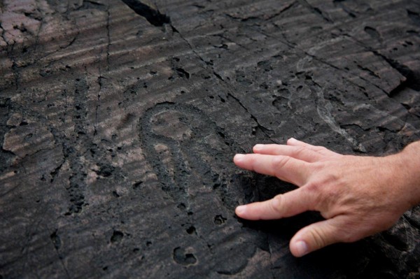 Donald Soctomah, historic preservation officer for the Passamaquoddy Tribe, points at an ancient petroglyph marking recently at Long Point in Machiasport. Maine Coast Heritage Trust announced last week that it has acquired the 66-acre property where the petroglyphs are located. Donald Soctomah, historic preservation officer for the Passamaquoddy Tribe, points at an ancient petroglyph marking recently at Long Point in Machiasport. Maine Coast Heritage Trust announced last week that it has acquired the 66-acre property where the petroglyphs are located.
