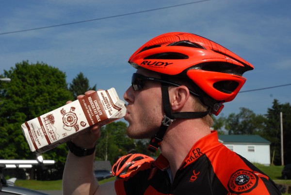 Cyclist Brad Baker takes a swig of Houlton Farms Dairy chocolate milk before heading out Friday morning on the first Tour du Houlton Farms Dairy ride from Caribou to Houlton. Cyclist Brad Baker takes a swig of Houlton Farms Dairy chocolate milk before heading out Friday morning on the first Tour du Houlton Farms Dairy ride from Caribou to Houlton.