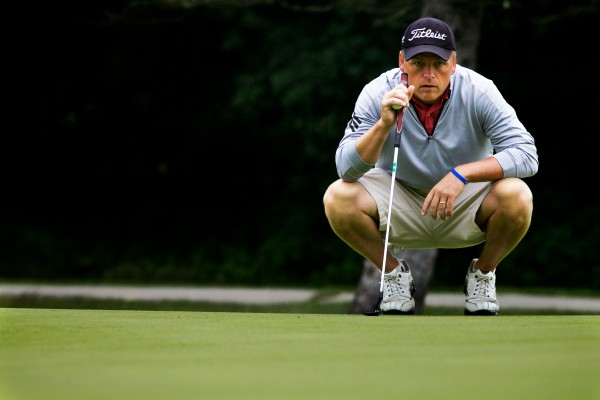 Ricky Jones of the Samoset Resort Golf Club lines up a putt at the 94th Maine Amateur Championship being held at Augusta Country Club in Manchester on Wednesday morning. Ricky Jones of the Samoset Resort Golf Club lines up a putt at the 94th Maine Amateur Championship being held at Augusta Country Club in Manchester on Wednesday morning.