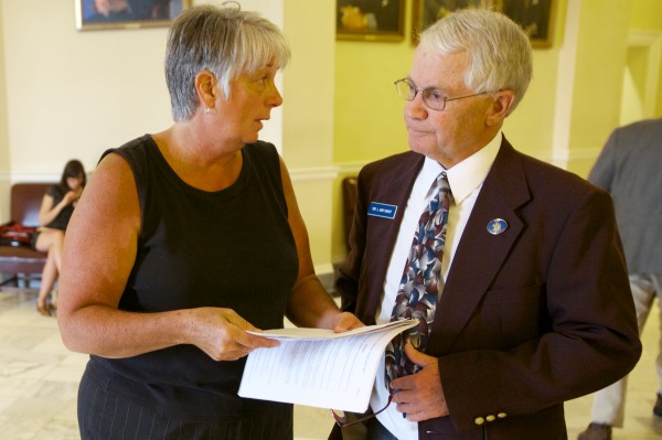 Rep. Terry Hayes, D-Buckfield, and Rep. Gary Knight, R-Livermore Falls, discuss LD 27 on Tuesday, which would allow local votes on whether Livermore Falls could leave Androscoggin County to join Franklin County. Rep. Terry Hayes, D-Buckfield, and Rep. Gary Knight, R-Livermore Falls, discuss LD 27 on Tuesday, which would allow local votes on whether Livermore Falls could leave Androscoggin County to join Franklin County.