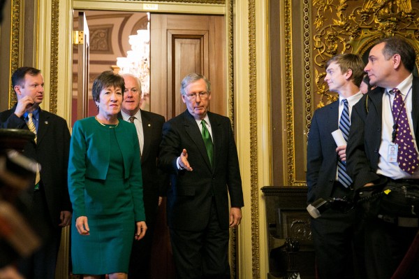 Sens. Susan Collins. R-Maine, John Cornyn, R-Texas, and Mitch McConnell, R-Ky., meet during budget talks, earlier this spring.
Sens. Susan Collins. R-Maine, John Cornyn, R-Texas, and Mitch McConnell, R-Ky., meet during budget talks, earlier this spring.