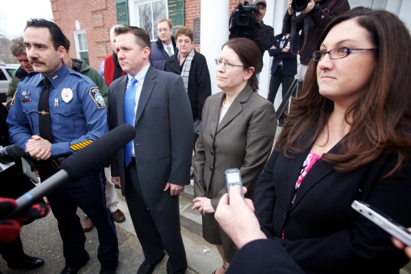 Kennebunk Police Chief Robert MacKenzie (from left), York County Assistant District Attorney Patrick Gordon, York County Deputy District Justina McGettigan and Kennebunk Police Officer Audra Presby speak to reporters outside the York County Courthouse in Alfred on Wednesday, March 6, 2013, after a jury convicted Mark Strong on 12 counts of promoting prostitution and one count of conspiracy to promote prostitution. Kennebunk Police Chief Robert MacKenzie (from left), York County Assistant District Attorney Patrick Gordon, York County Deputy District Justina McGettigan and Kennebunk Police Officer Audra Presby speak to reporters outside the York County Courthouse in Alfred on Wednesday, March 6, 2013, after a jury convicted Mark Strong on 12 counts of promoting prostitution and one count of conspiracy to promote prostitution.