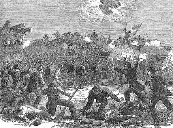 As Union infantrymen successfully scale the southeast bastion of Fort Wagner on Morris Island after dark on Saturday, July 18, 1863, a color bearer unfurls the American flag (right). Counterattacking Confederates swarm on the fort's parapets (center) and fire on the Union soldiers. Among the Federal regiments participating in the charge was the 9th Maine Infantry, commanded by Col. Sabine Emery. This lithograph adequately depicts the furious fighting that took place at Wagner that night; the attack ended in a Union defeat. Fort Wagner blocked Union access to Charleston, S.C. As Union infantrymen successfully scale the southeast bastion of Fort Wagner on Morris Island after dark on Saturday, July 18, 1863, a color bearer unfurls the American flag (right). Counterattacking Confederates swarm on the fort's parapets (center) and fire on the Union soldiers. Among the Federal regiments participating in the charge was the 9th Maine Infantry, commanded by Col. Sabine Emery. This lithograph adequately depicts the furious fighting that took place at Wagner that night; the attack ended in a Union defeat. Fort Wagner blocked Union access to Charleston, S.C.