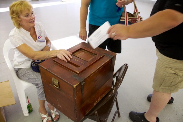 Topsham poll worker Anette Philippon collects ballots the old fashioned way in Tuesday's special Maine Senate District 19 election. Town Clerk Ruth Lyons said she was not running out of ballots as was reported by a local newspaper via Twitter. Topsham poll worker Anette Philippon collects ballots the old fashioned way in Tuesday's special Maine Senate District 19 election. Town Clerk Ruth Lyons said she was not running out of ballots as was reported by a local newspaper via Twitter.