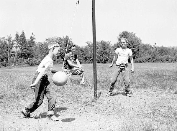Participating in a tetherball game at Camp Prentiss in Hampden, Tim Furrow of Bangor (left) is just about to bang the ball back to Leigh White (right), also of Bangor, as athletic instructor Robert Kelley referees the game on Tuesday, July 10, 1956. Participating in a tetherball game at Camp Prentiss in Hampden, Tim Furrow of Bangor (left) is just about to bang the ball back to Leigh White (right), also of Bangor, as athletic instructor Robert Kelley referees the game on Tuesday, July 10, 1956.