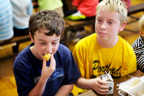 Nick McGonagle, 10, (left) and Clayton Meyer, 10, talk about their school lunches at Portland's Longfellow Elementary School Thursday. The Hunger-Free Kids Act limits calories and salt, adds more whole grains and requires daily servings of fruits and vegetables in school lunches. Nick McGonagle, 10, (left) and Clayton Meyer, 10, talk about their school lunches at Portland's Longfellow Elementary School Thursday. The Hunger-Free Kids Act limits calories and salt, adds more whole grains and requires daily servings of fruits and vegetables in school lunches.