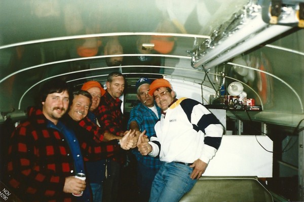 Tony Reynolds (from left), Wayne Therrien, Alfred Porter, Verle Drinkwater, Steve Foster and Charles Veysey celebrate another day in a reconditioned bus that they used as a hunting camp in the 1990s. Tony Reynolds (from left), Wayne Therrien, Alfred Porter, Verle Drinkwater, Steve Foster and Charles Veysey celebrate another day in a reconditioned bus that they used as a hunting camp in the 1990s.