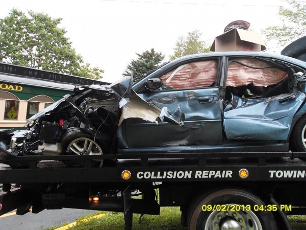 A Subaru Legacy sedan was totaled Monday afternoon after driver Gabriella Just failed to see the oncoming Downeast Scenic Railroad train coming at her on Davis Street. Just escaped with minor injuries, police said. A Subaru Legacy sedan was totaled Monday afternoon after driver Gabriella Just failed to see the oncoming Downeast Scenic Railroad train coming at her on Davis Street. Just escaped with minor injuries, police said.