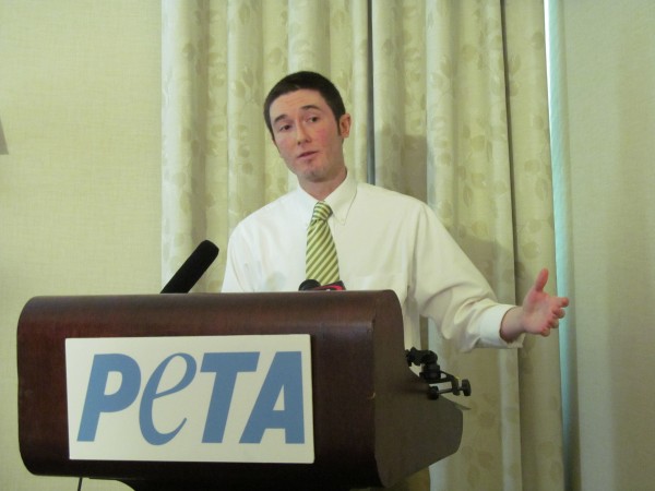 Dan Paden, a research associate with the People for the Ethical Treatment of Animals, tells reporters at a Portland news conference Tuesday that his organization sent an operative into a Rockland lobster processing facility with a hidden camera to document the inhumane treatment of the crustaceans. Dan Paden, a research associate with the People for the Ethical Treatment of Animals, tells reporters at a Portland news conference Tuesday that his organization sent an operative into a Rockland lobster processing facility with a hidden camera to document the inhumane treatment of the crustaceans.