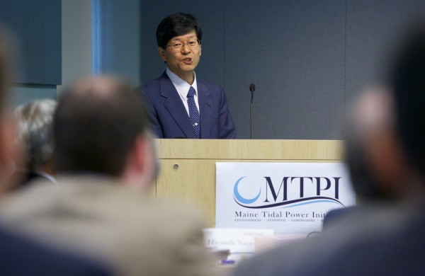 Munekatsu Shimada, a professor from the North Japan Research Institute for Sustainable Energy, talks about the current state of ocean development in Aomori Prefecture in Japan. Officials from Japan, including the president of Hirosaki University, are visiting UMaine for the second Marine Energy International Symposium. Munekatsu Shimada, a professor from the North Japan Research Institute for Sustainable Energy, talks about the current state of ocean development in Aomori Prefecture in Japan. Officials from Japan, including the president of Hirosaki University, are visiting UMaine for the second Marine Energy International Symposium.