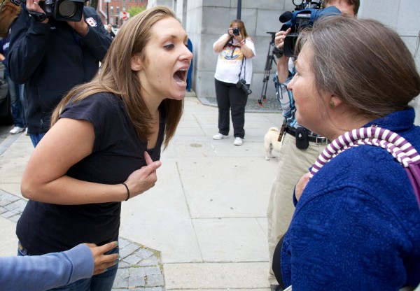 Trista Reynolds, mother of missing toddler Ayla Reynolds, yells at Phoebe DePietro, Ayla's paternal grandmother, outside Cumberland County Superior Court Wednesday afternoon. Both women accused the other of knowing what happened to the the little girl. Trista Reynolds, mother of missing toddler Ayla Reynolds, yells at Phoebe DePietro, Ayla's paternal grandmother, outside Cumberland County Superior Court Wednesday afternoon. Both women accused the other of knowing what happened to the the little girl.