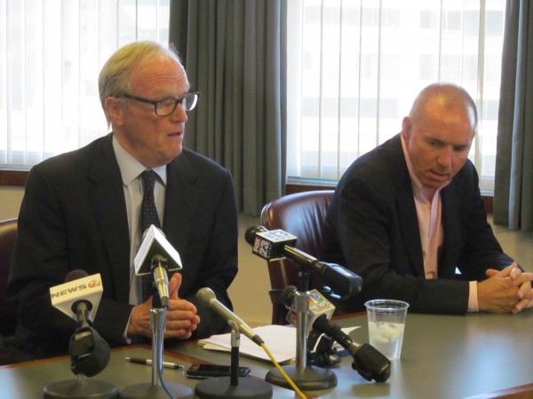 Attorney Harold Friedman of the Portland law firm Verrill Dana, left, joins Portland Pirates CEO Brian Petrovek Friday afternoon at the firm's One Portland Square offices to announce a lawsuit filed by the hockey team against its home arena, the Cumberland County Civic Center. Attorney Harold Friedman of the Portland law firm Verrill Dana, left, joins Portland Pirates CEO Brian Petrovek Friday afternoon at the firm's One Portland Square offices to announce a lawsuit filed by the hockey team against its home arena, the Cumberland County Civic Center.
