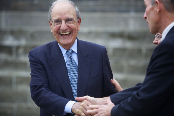 Former U.S. Sen. George Mitchell shakes hands with David Hart, the Director of the Senator George Mitchell Center at UMaine, after Mitchell spoke at UMaine Wednesday about sustainability. Former U.S. Sen. George Mitchell shakes hands with David Hart, the Director of the Senator George Mitchell Center at UMaine, after Mitchell spoke at UMaine Wednesday about sustainability.