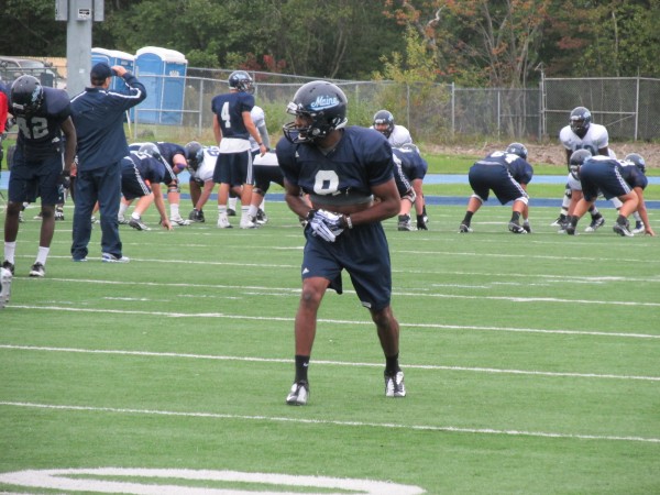 UMaine wide receiver Derrick Johnson lines up to run a play during a recent practice at Alfond Stadium in Orono. The senior is the Black Bears' leading pass-catcher. UMaine wide receiver Derrick Johnson lines up to run a play during a recent practice at Alfond Stadium in Orono. The senior is the Black Bears' leading pass-catcher.