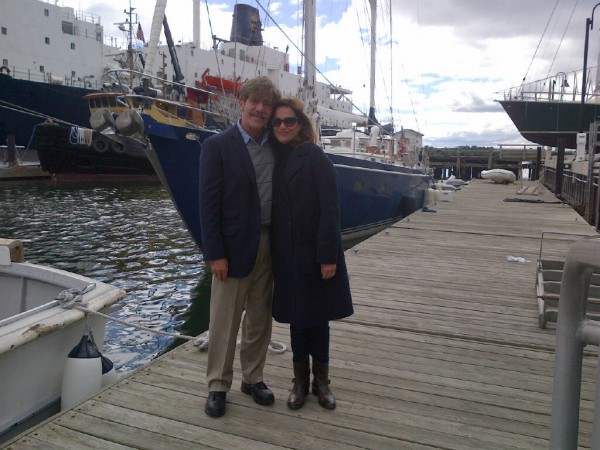 Television journalist Geraldo Rivera and his wife, Erica Levy, stand on a dock at Maine Maritime Academy in Castine on Wednesday, Sept. 25, 2013. Behind them is their sailboat Voyager and, in the distance, the MMA training ship State of Maine. Rivera and his wife donated their sailboat to MMA this month for use as a training vessel. Television journalist Geraldo Rivera and his wife, Erica Levy, stand on a dock at Maine Maritime Academy in Castine on Wednesday, Sept. 25, 2013. Behind them is their sailboat Voyager and, in the distance, the MMA training ship State of Maine. Rivera and his wife donated their sailboat to MMA this month for use as a training vessel.