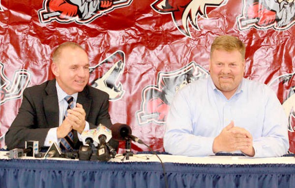 Portland Pirates CEO and Managin Owner Brian Petrovek, left, and part-owner of the Colisee, proprieter of Maine Hockey Group and investor in the Portland Pirates Ron Cain answer questions at a news conference in the Baxter Lounge at the Androscoggin Bank Colisee on Thursday. Portland Pirates CEO and Managin Owner Brian Petrovek, left, and part-owner of the Colisee, proprieter of Maine Hockey Group and investor in the Portland Pirates Ron Cain answer questions at a news conference in the Baxter Lounge at the Androscoggin Bank Colisee on Thursday.