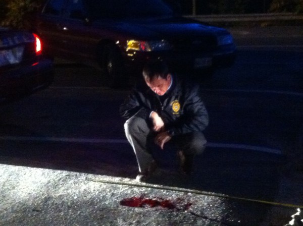 Brunswick police Detective Bill Moir examines blood found at the scene of an apparent stabbing Wednesday night on Cushing Street. Brunswick police Detective Bill Moir examines blood found at the scene of an apparent stabbing Wednesday night on Cushing Street.