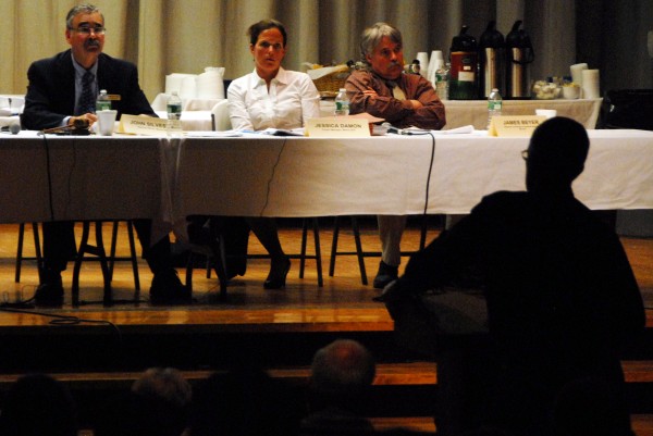 Maine Department of Environmental Protection officials listen to residents discuss the proposed Bowers Mountain wind project during the portion of a public hearing open to the public at Lee Academy on Tuesday, April 30, 2013. Maine Department of Environmental Protection officials listen to residents discuss the proposed Bowers Mountain wind project during the portion of a public hearing open to the public at Lee Academy on Tuesday, April 30, 2013.