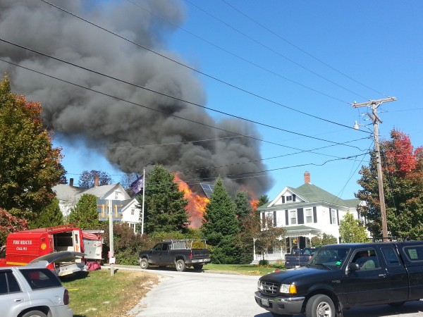 A Pleasant Street garage caught fire Sunday afternoon in Blue Hill, sending flames at least 50 feet into the sky above the structure. A Pleasant Street garage caught fire Sunday afternoon in Blue Hill, sending flames at least 50 feet into the sky above the structure.