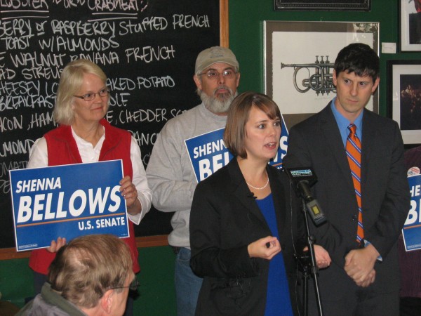Shenna Bellows stands with her parents and husband at an Ellsworth restaurant on Wednesday as she makes her first appearance for her 2014 U.S. Senate campaign. Shenna Bellows stands with her parents and husband at an Ellsworth restaurant on Wednesday as she makes her first appearance for her 2014 U.S. Senate campaign.