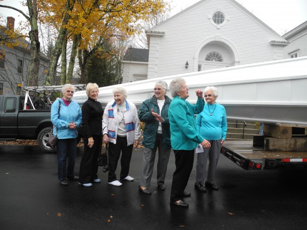 On Friday morning, the six "steeple people" - ladies aged 72 to 91 years old - watched as the steeple was raised to the roof of the Stockton Springs Community Church. On Friday morning, the six "steeple people" - ladies aged 72 to 91 years old - watched as the steeple was raised to the roof of the Stockton Springs Community Church.